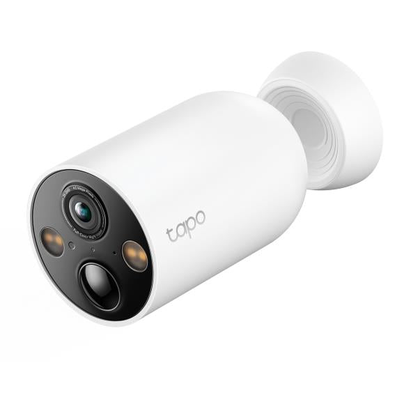 Wire-free security camera with white cylindrical housing and black lens face