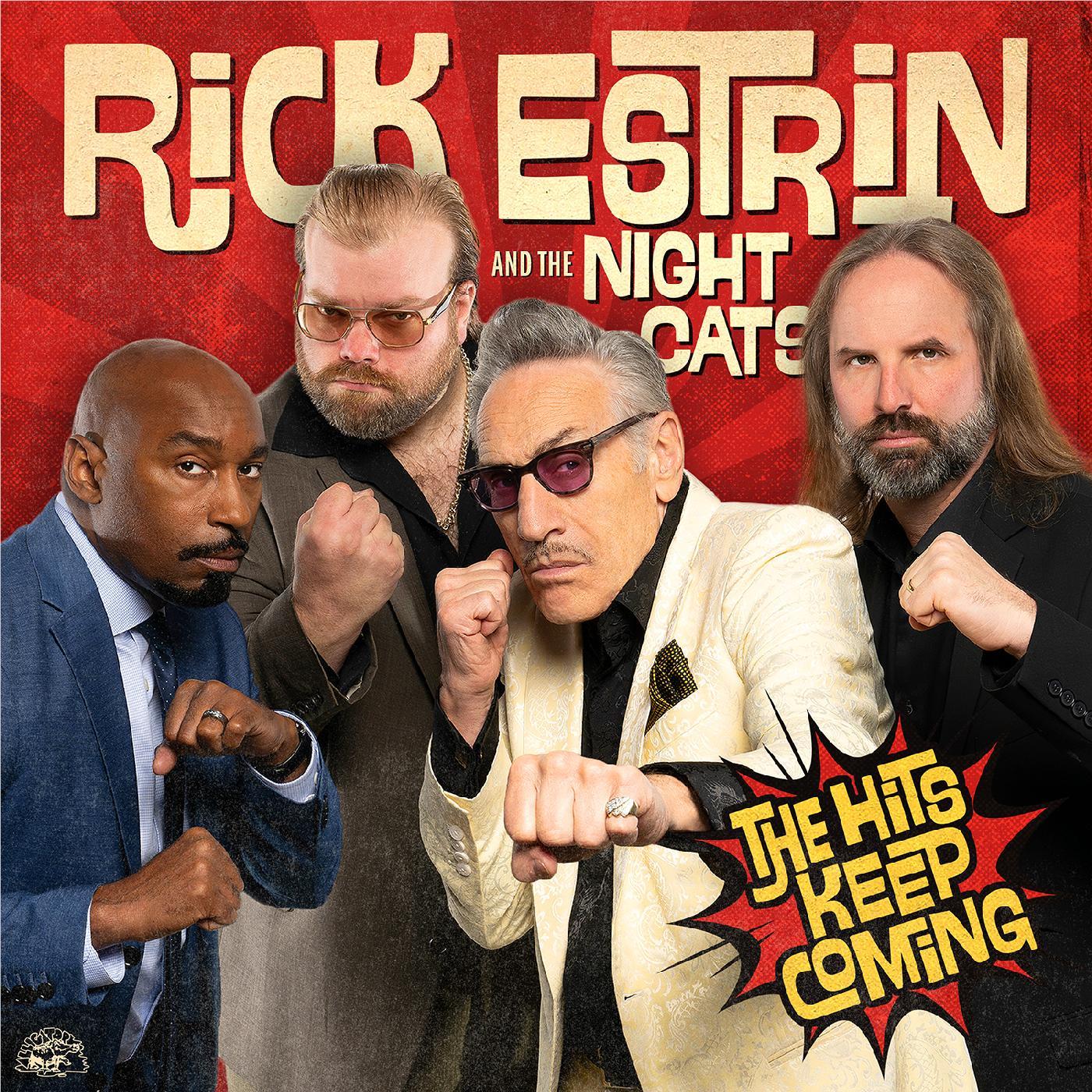 Music album cover with five band members and bold 'The Hits Keep Coming' artwork