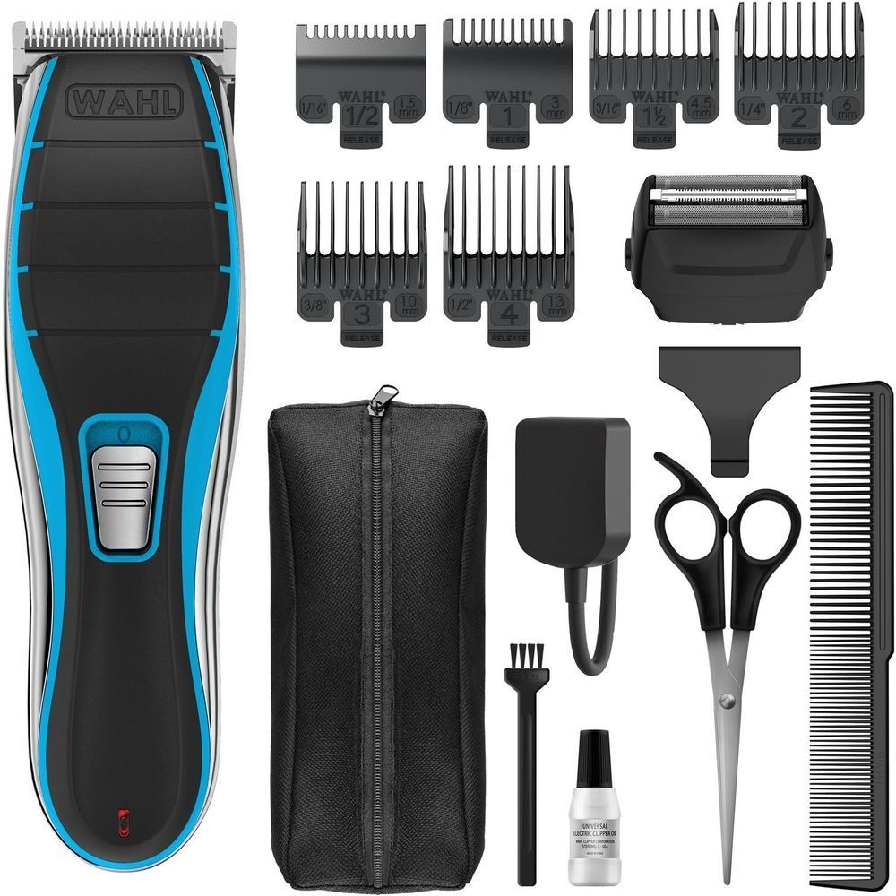 WAHL cordless clipper kit with blade guards, foil unit, combs, scissors, pouch