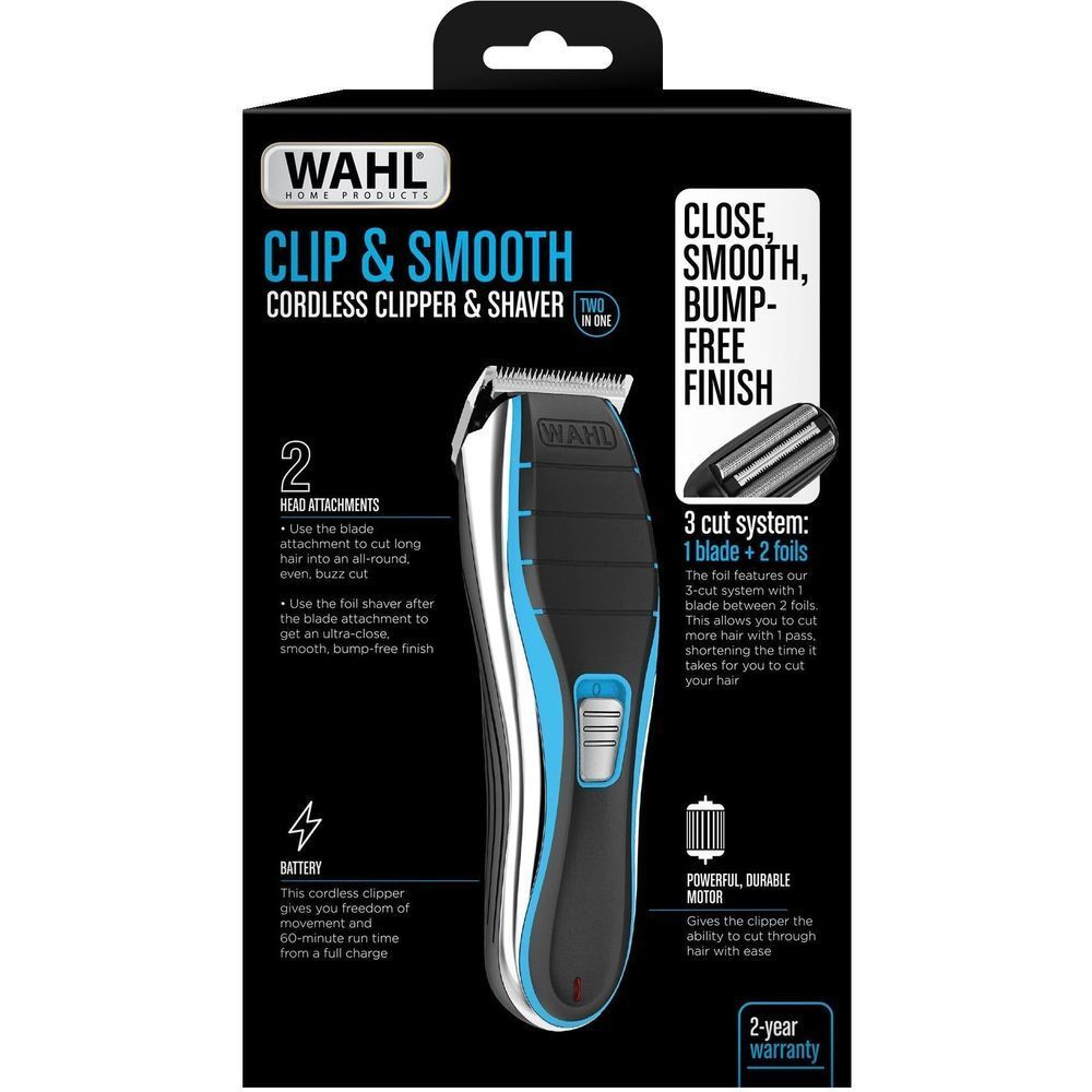 WAHL Clip & Smooth cordless clipper and shaver retail box, black with blue accents