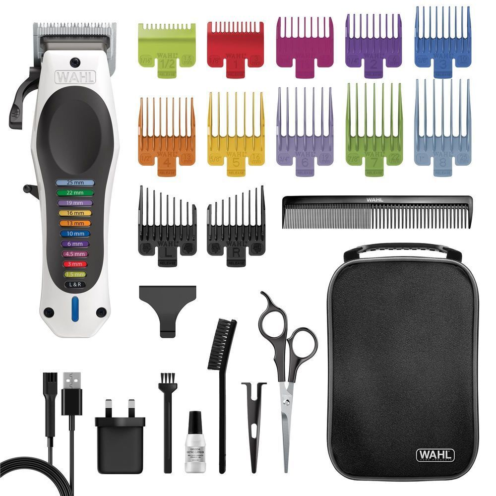 Wahl cordless hair clipper kit with guards, combs, scissors, charger, and storage case
