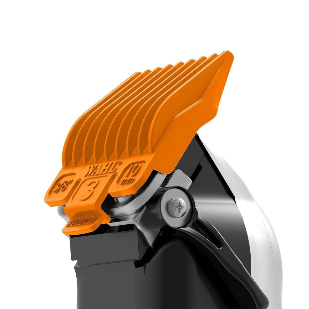 Wahl hair clipper blade with orange taper guard and silver cutting head