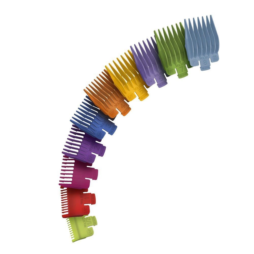 Set of colorful clipper guide combs in purple, blue, green, yellow, and orange