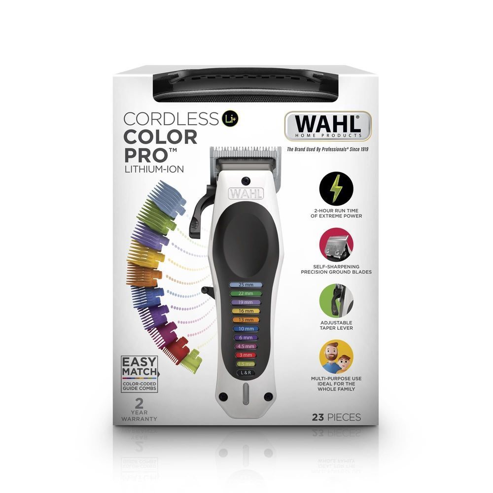 Wahl cordless hair clipper kit box with color-coded combs and accessories