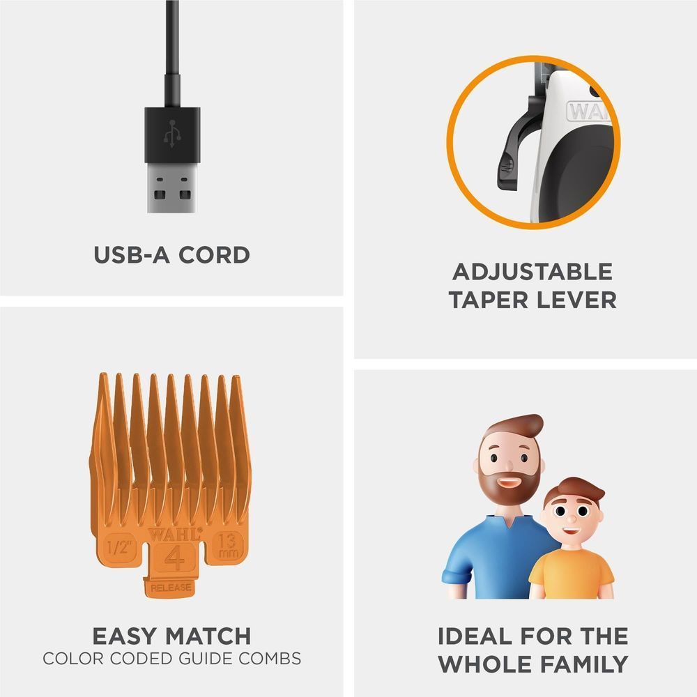 USB-A charging cord and adjustable taper lever for Wahl clipper