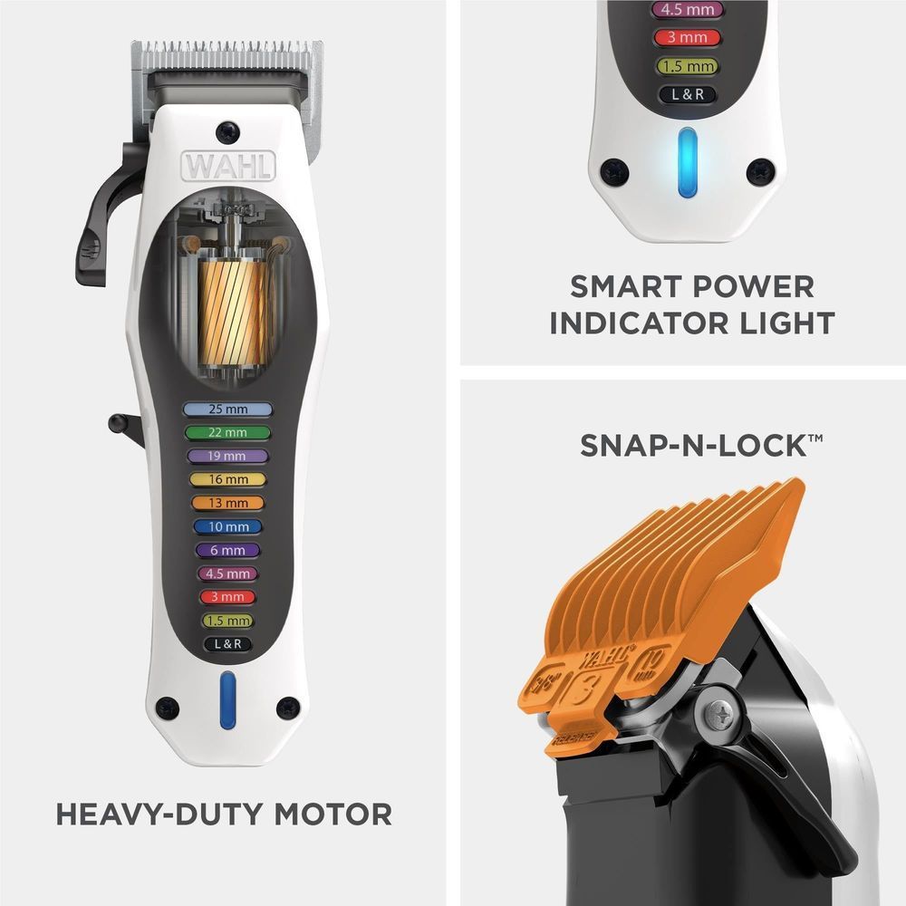 Wahl cordless clipper front view with selection guide window and indicator light