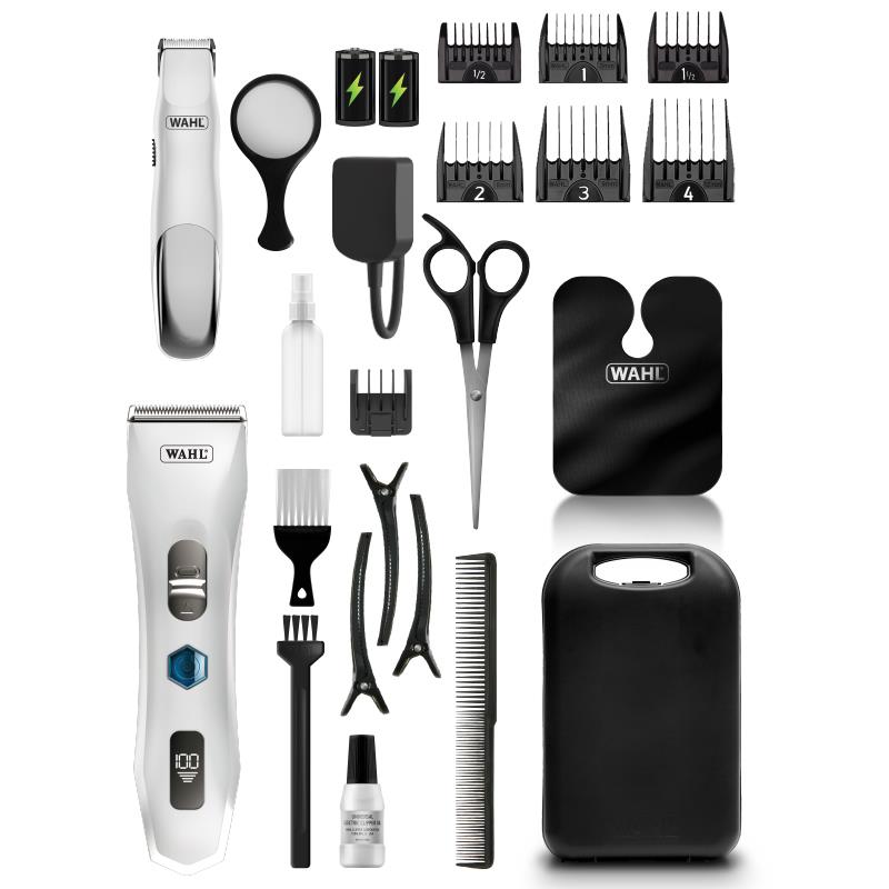 Cordless clipper and trimmer combo kit with blades, combs, scissors, and storage case