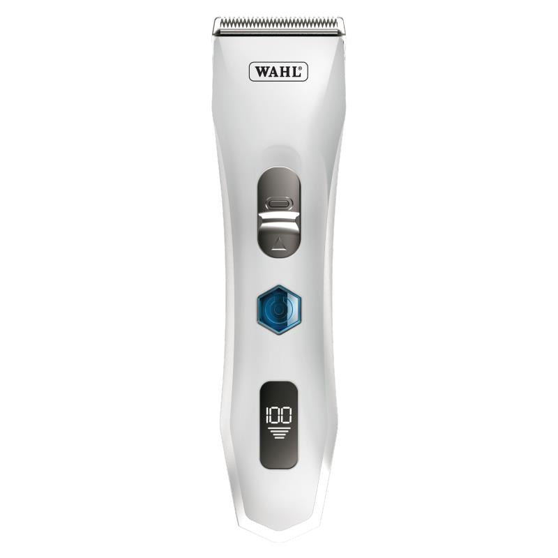 White cordless hair clipper with adjustable thumb lever and LED power indicator