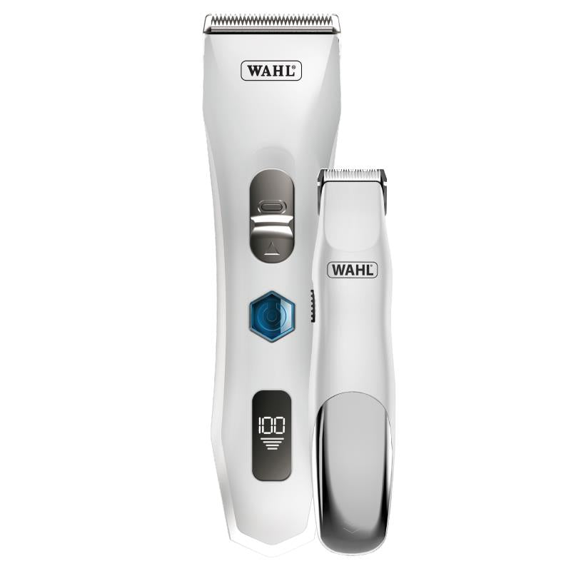 White cordless hair clipper with matching trimmer alongside, showing thumb lever