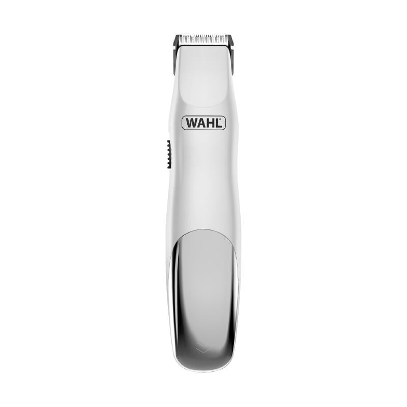 White cordless hair trimmer with clipper blade head and dark base grip