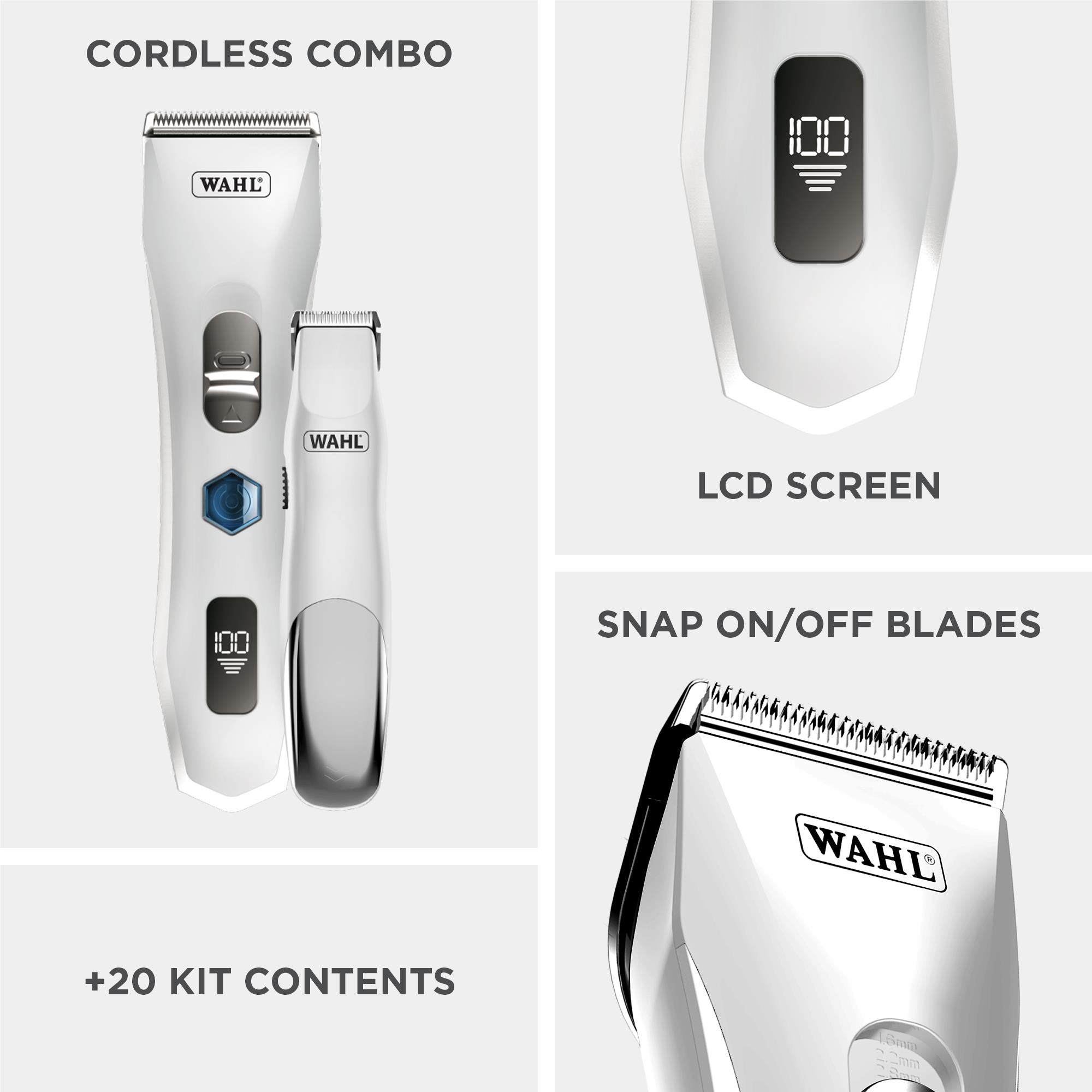 Cordless clipper and trimmer set showing LCD screen and snap-on/off blades