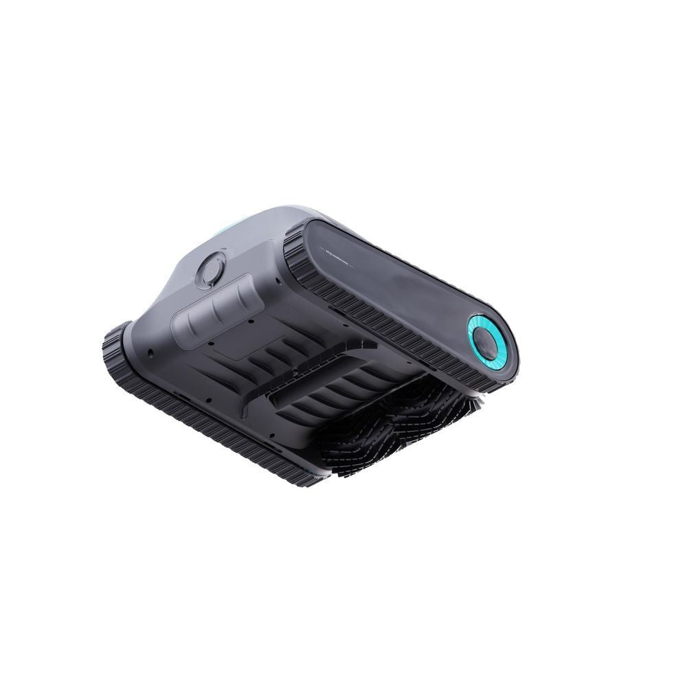 Robotic pool cleaner side view, gray casing with aqua-ring front wheel and vented deck
