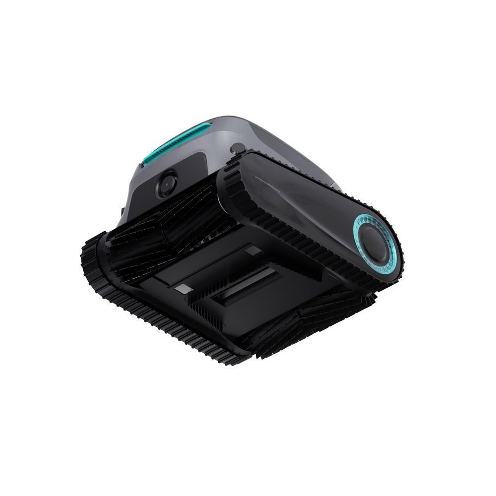 Cordless robotic pool cleaner underside view with turquoise wheel, dark gray housing