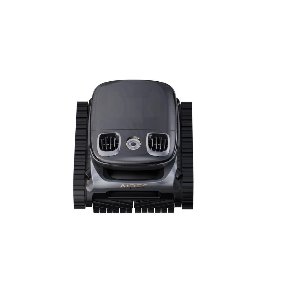 Cordless robotic pool cleaner front view with twin gray nozzles and turquoise wheel