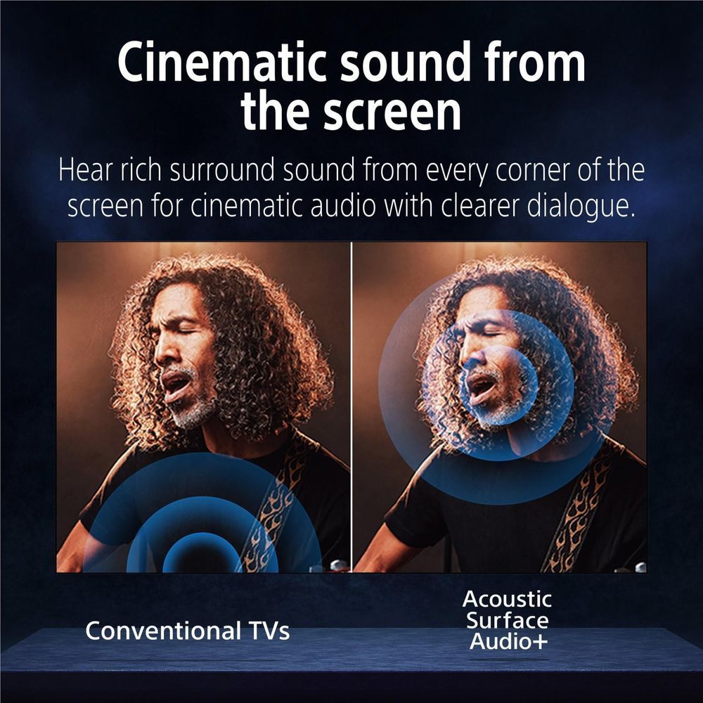 55-inch BRAVIA 8 OLED 4K TV screen showing cinematic sound and acoustic surface audio+