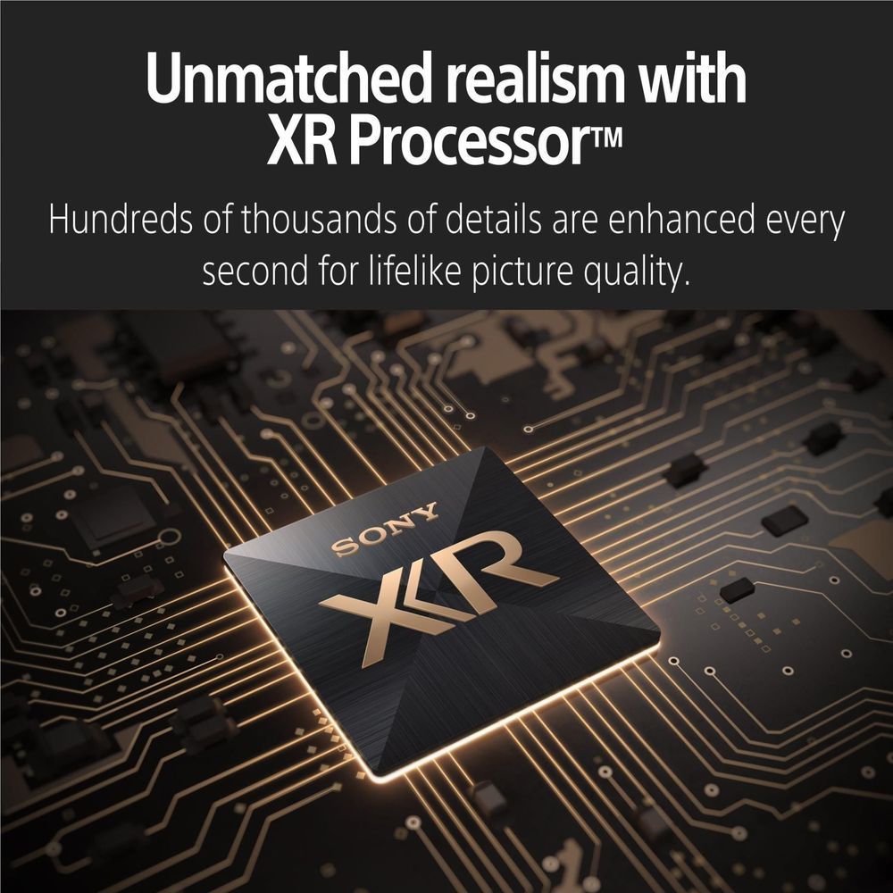 Sony 65-inch BRAVIA OLED 4K TV showing XR processor graphic over circuit artwork