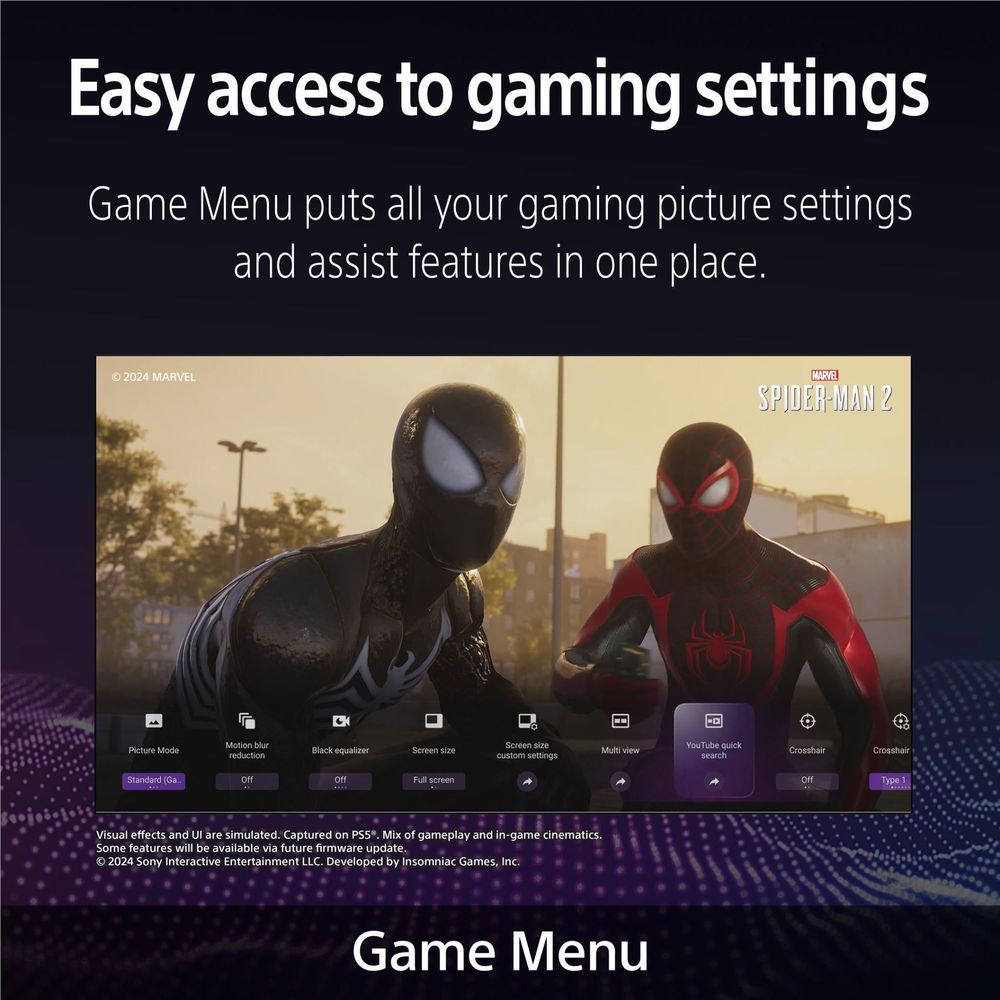Sony 65-inch BRAVIA OLED 4K TV showing gaming menu with Spider-Man characters