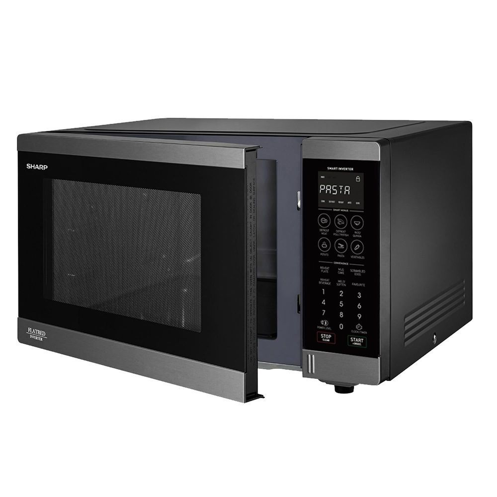 Black stainless steel flatbed microwave oven with open door and keypad control