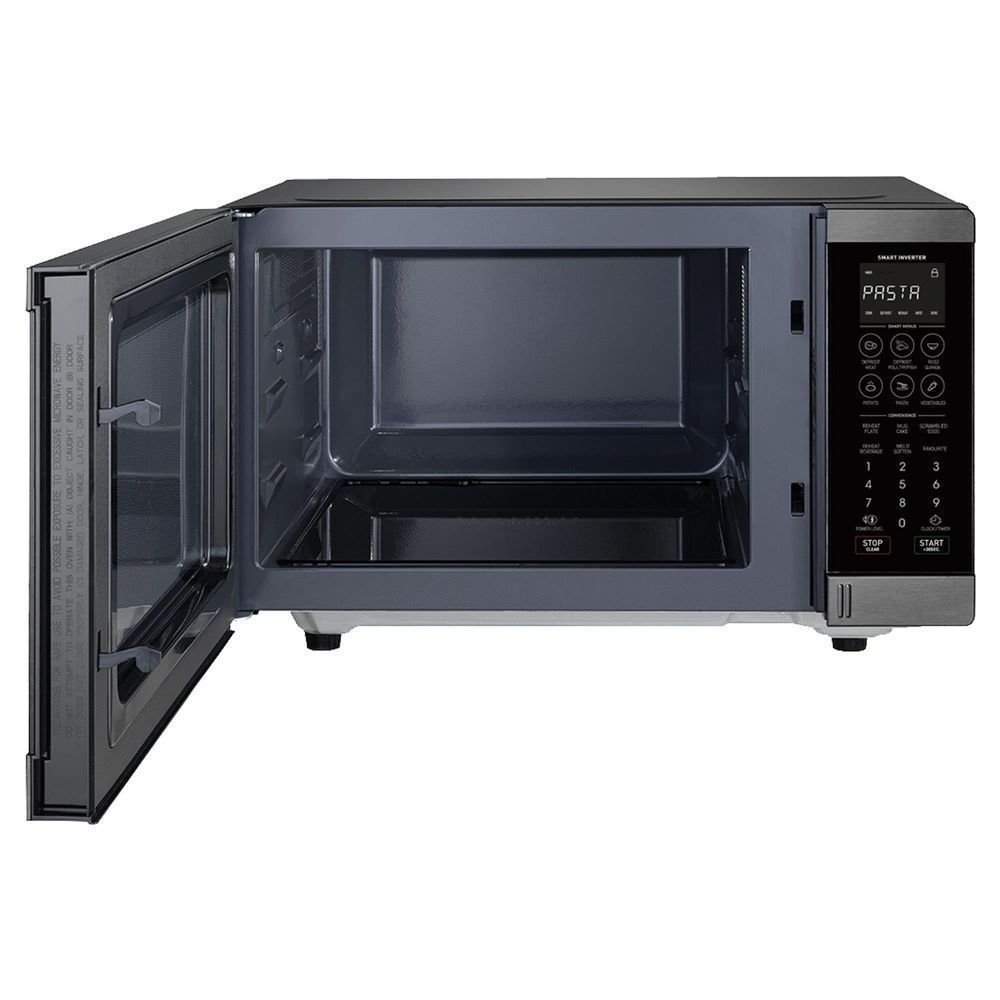 Black stainless steel flatbed microwave oven with door open showing interior cavity