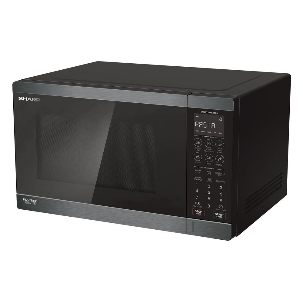 Black stainless steel flatbed microwave oven with keypad control panel and side vents