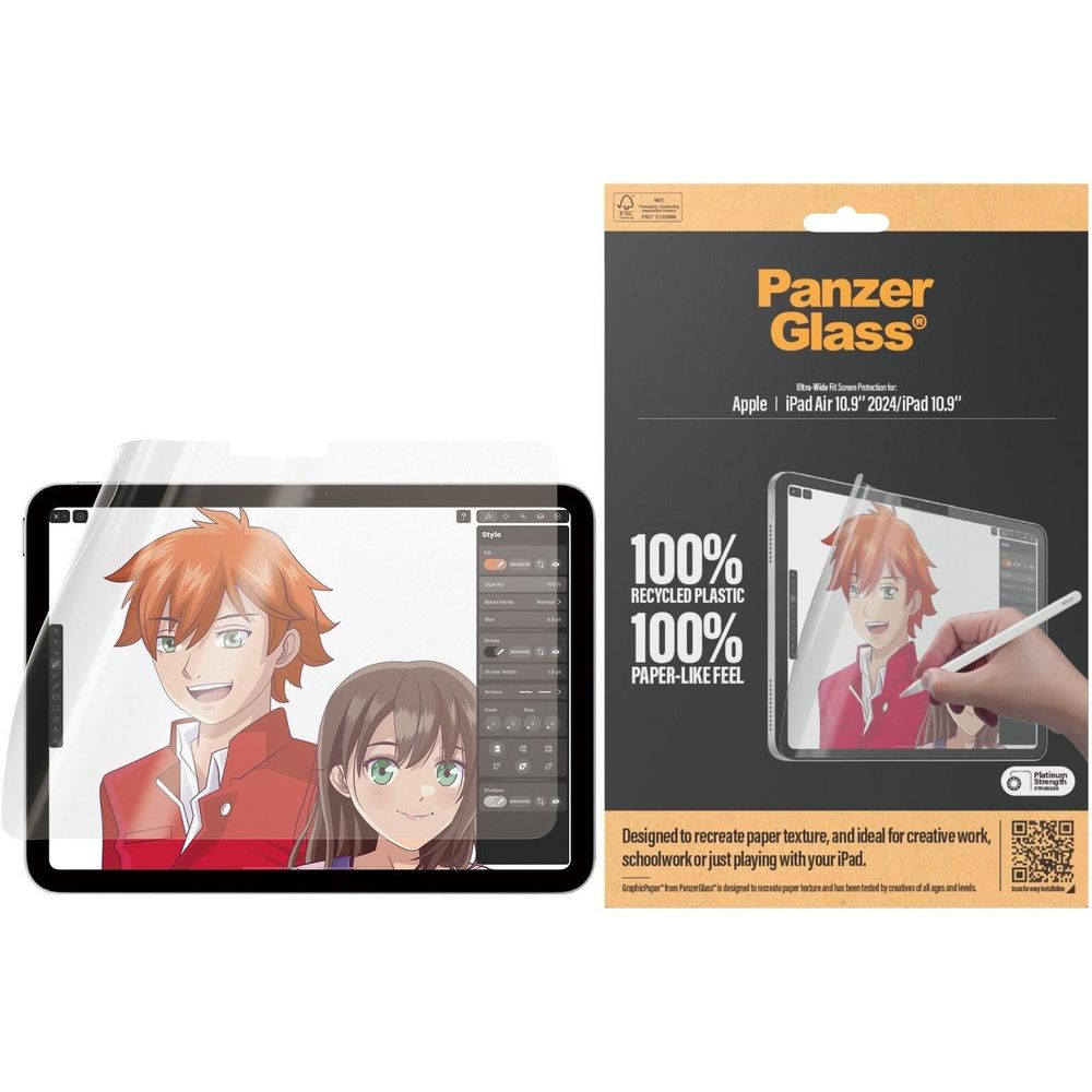 PanzerGlass screen protector film with anime design on iPad, shown with box