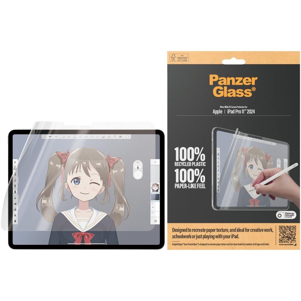 PanzerGlass graphic paper screen protector, packaging and clear film with anime graphic
