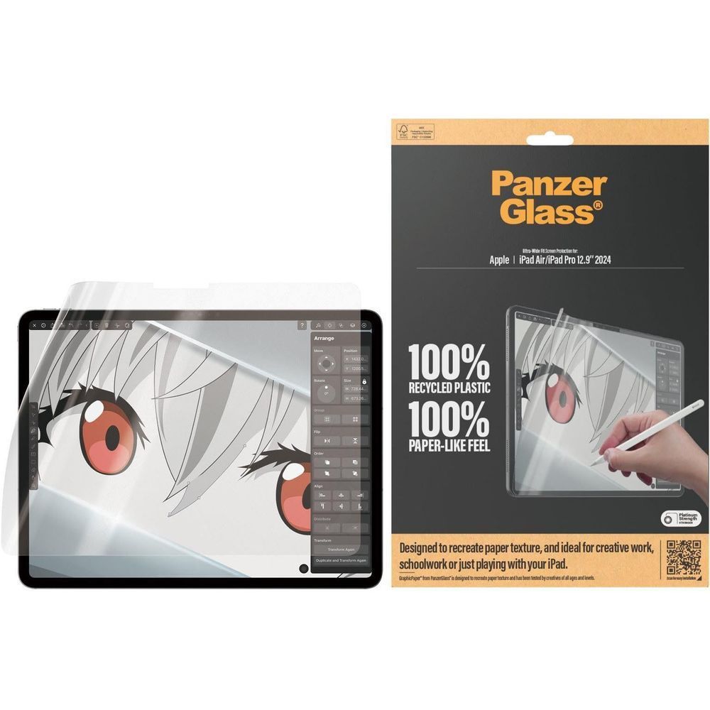 PanzerGlass graphic screen protector fitted on tablet, with stylus and box