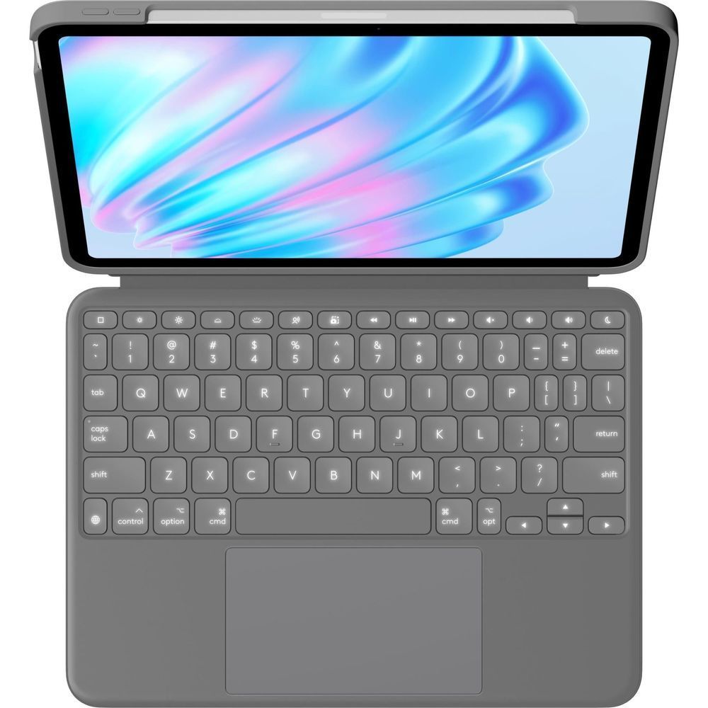 Oxford grey keyboard case opened flat, tablet screen protected and keys visible