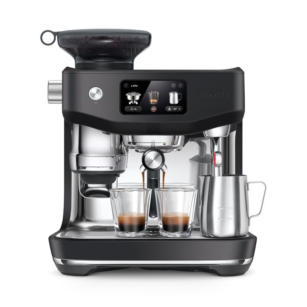 Breville Oracle Jet manual coffee machine, black and stainless with milk jug and coffee cups