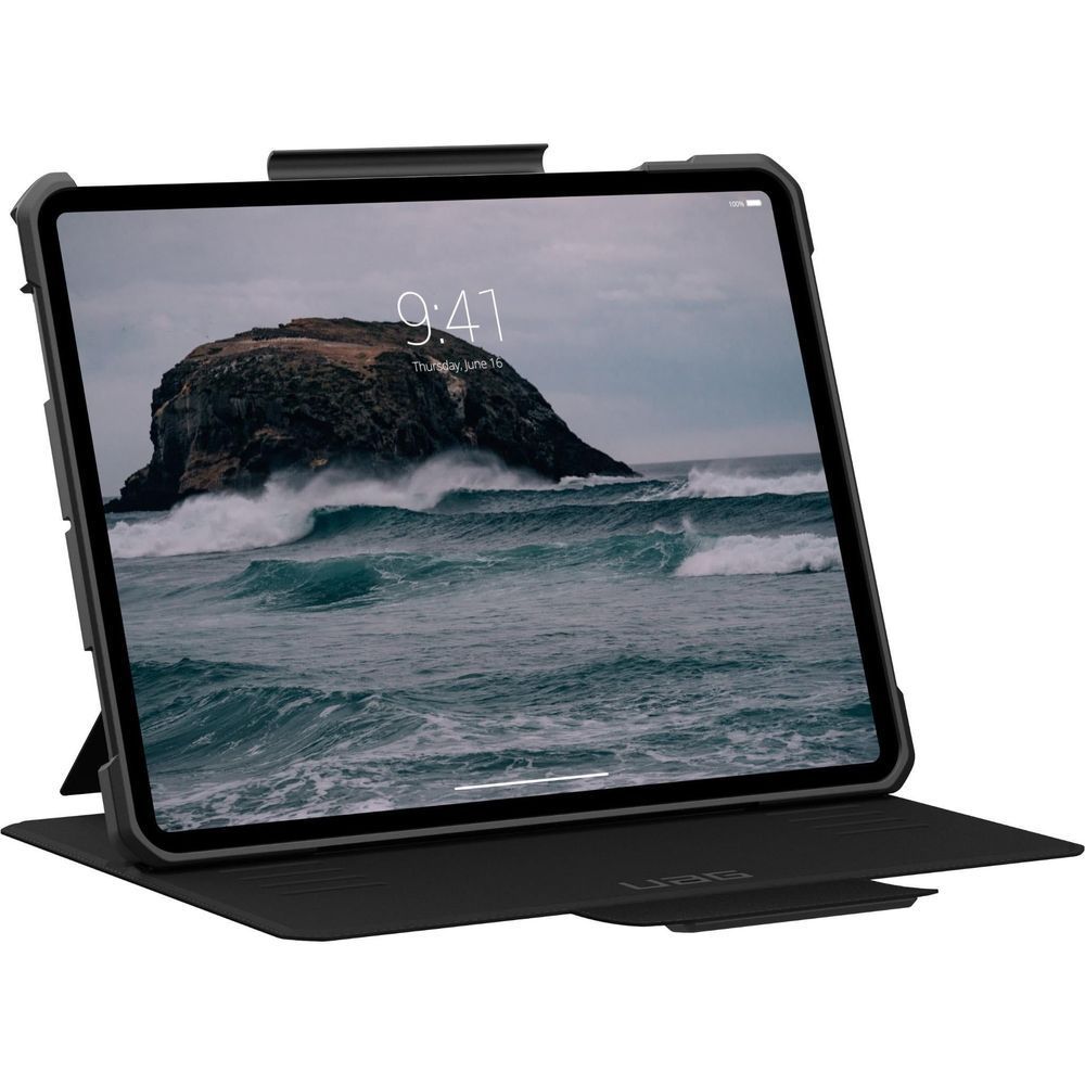 UAG Metropolis SE case with folio stand holding iPad Pro 12.9"; wave wallpaper visible