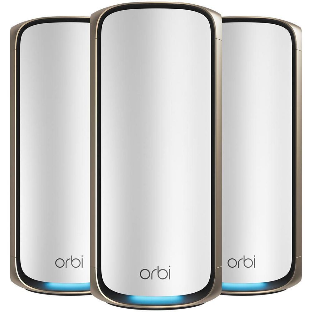 NETGEAR Orbi WiFi 7 mesh routers, three white units with blue LED rings