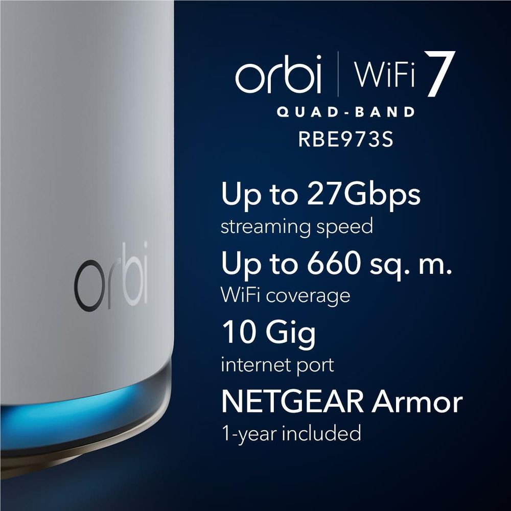 NETGEAR Orbi WiFi 7 router, white with gold trim and blue LED base light