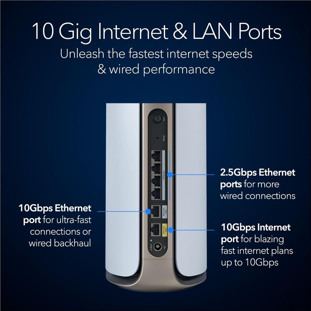 NETGEAR Orbi WiFi 7 router cutaway showing 10Gbps and 2.5Gbps LAN ports