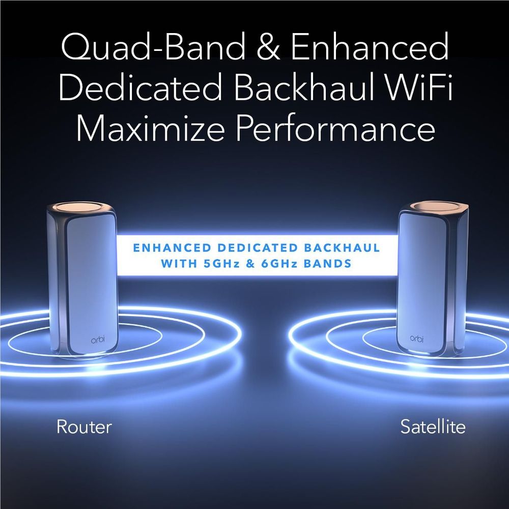 NETGEAR Orbi WiFi 7 mesh satellites with blue halo backhaul glow