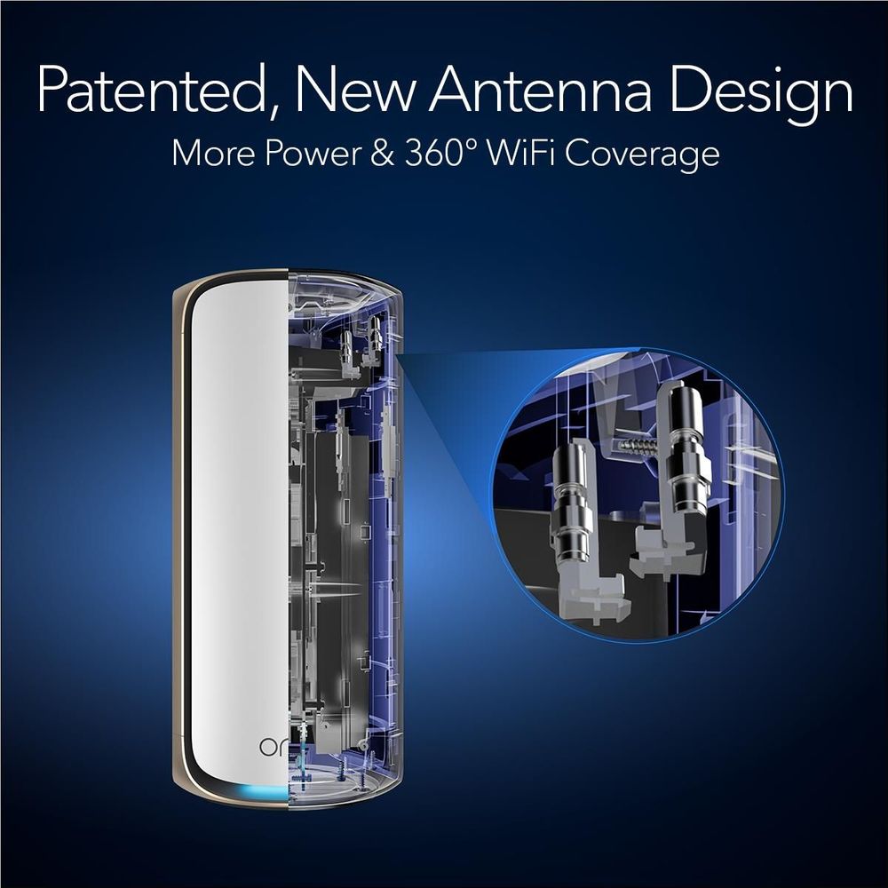 NETGEAR Orbi WiFi 7 router cutaway with multi-antenna design and blue light