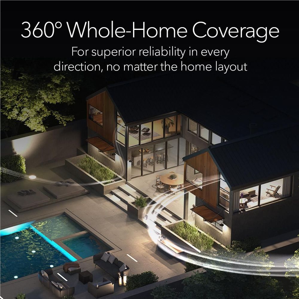 Orbi WiFi 7 mesh system coverage shown as 360° light trails around a home