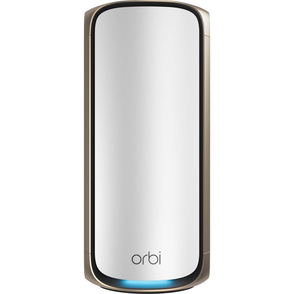 Orbi WiFi 7 add-on satellite, white tower with black trim and blue LED base