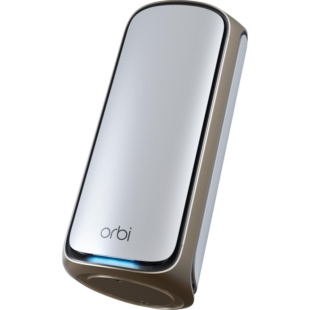 Orbi WiFi 7 add-on satellite, angled view in white with black trim and blue LED ring