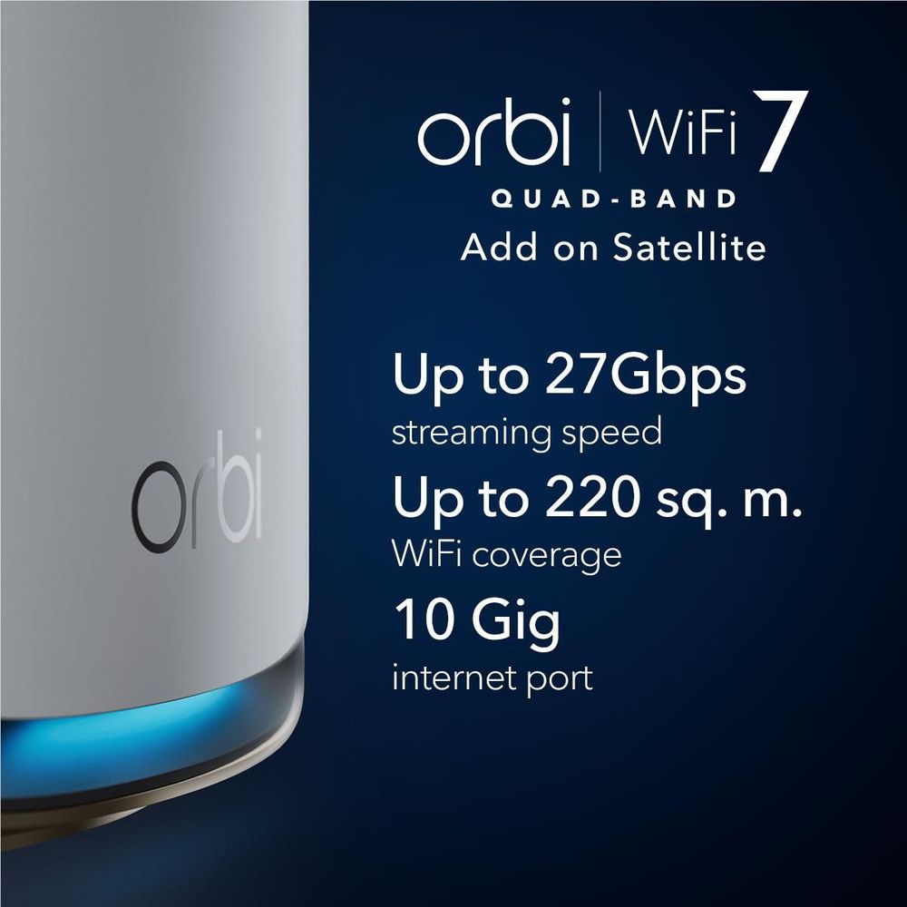 Orbi WiFi 7 add-on satellite close-up, white body with blue LED ring