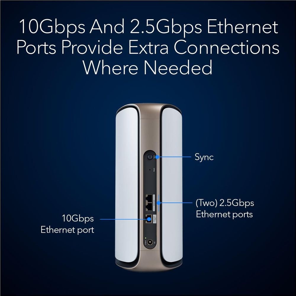 Orbi WiFi 7 add-on satellite rear panel with sync area and Ethernet ports