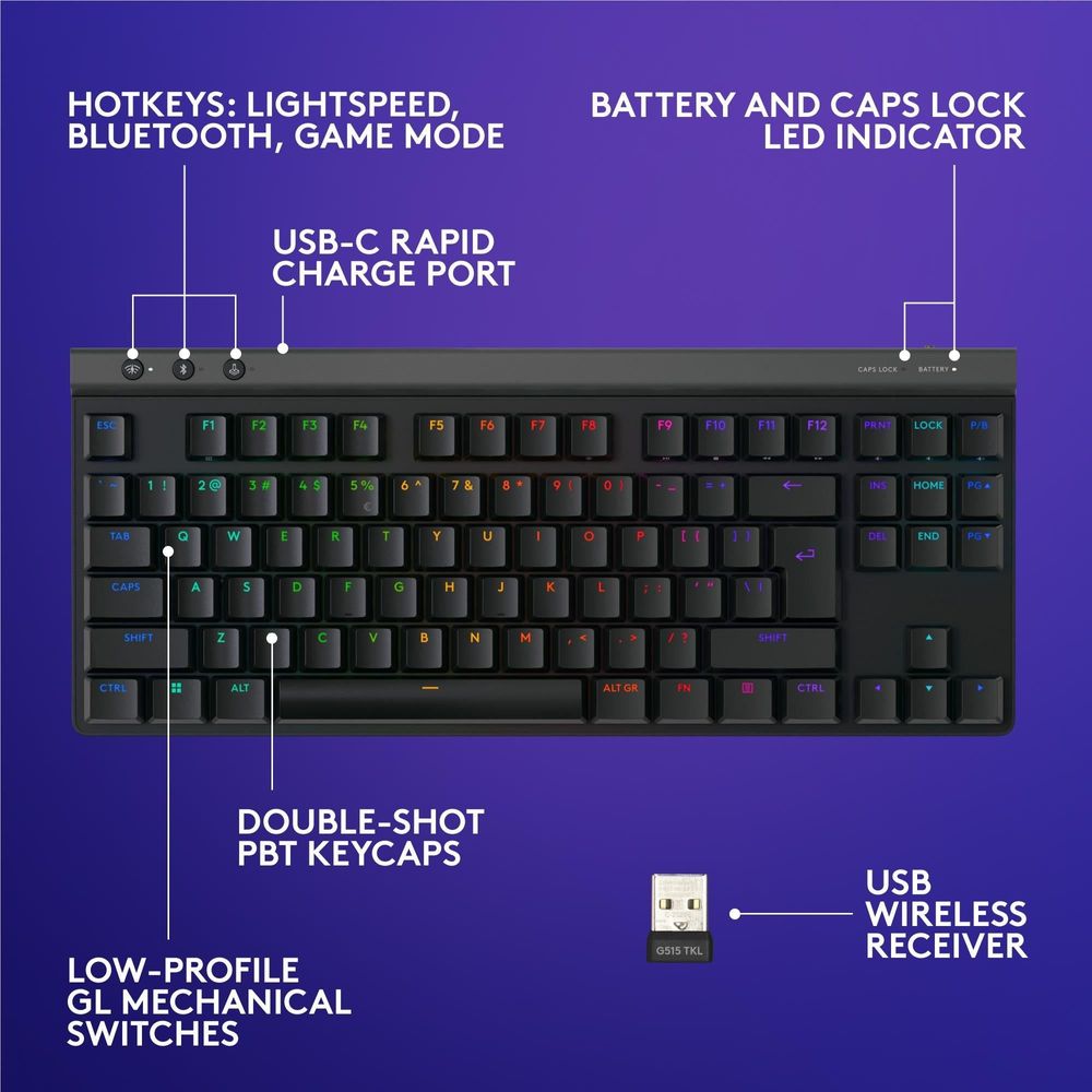 Logitech G515 LIGHTSPEED TKL Wireless Gaming Keyboard (Black)