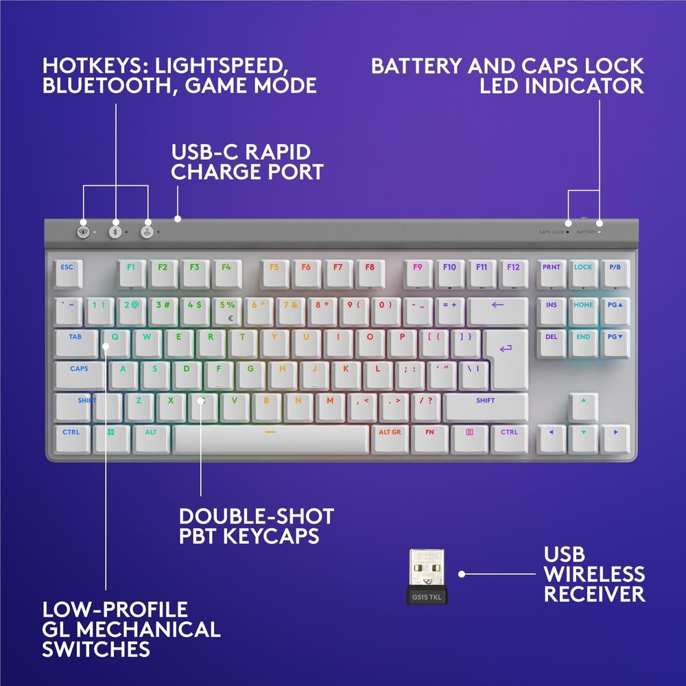 Logitech G515 LIGHTSPEED TKL Wireless Gaming Keyboard (White)