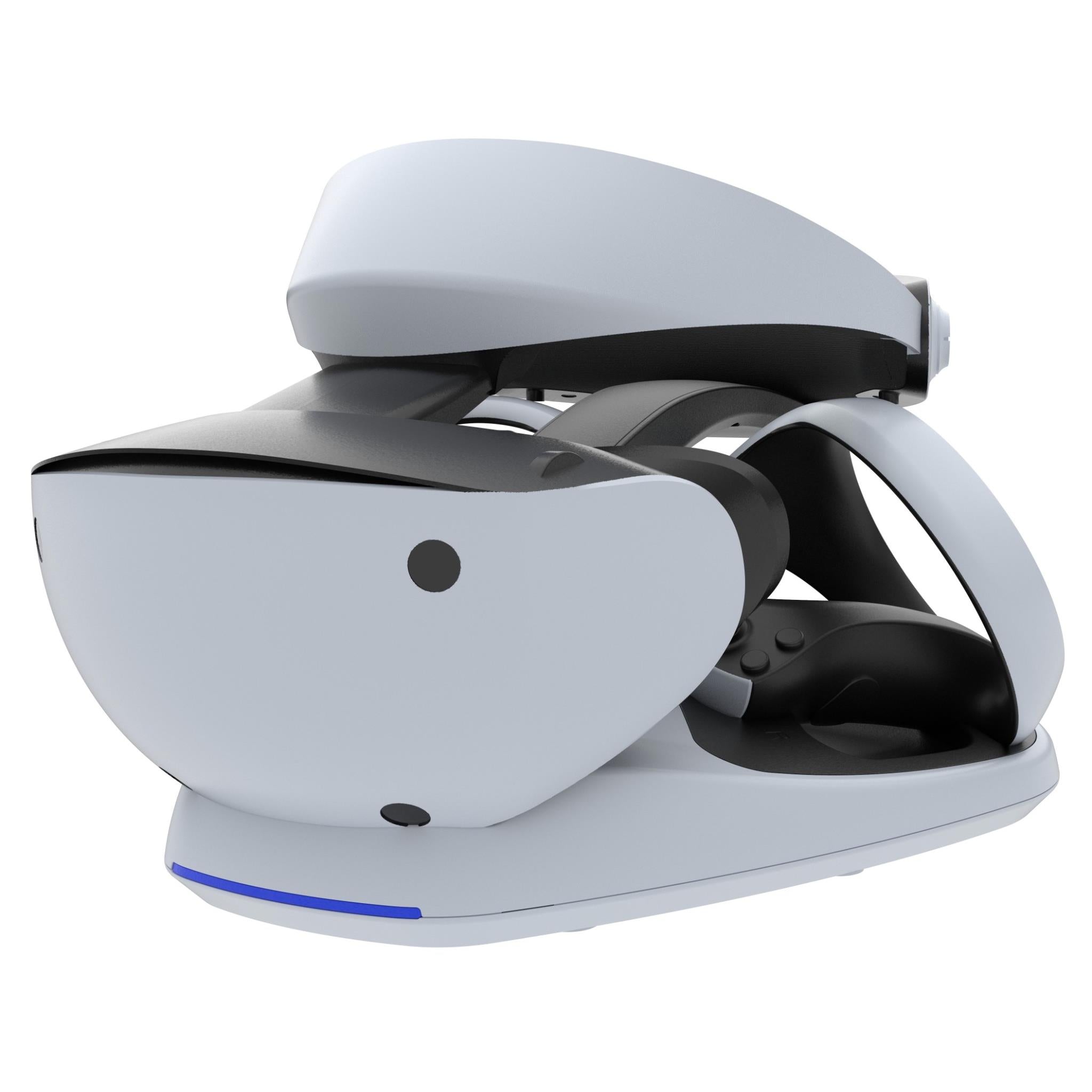 White headset charging and display stand with black VR headset, front view