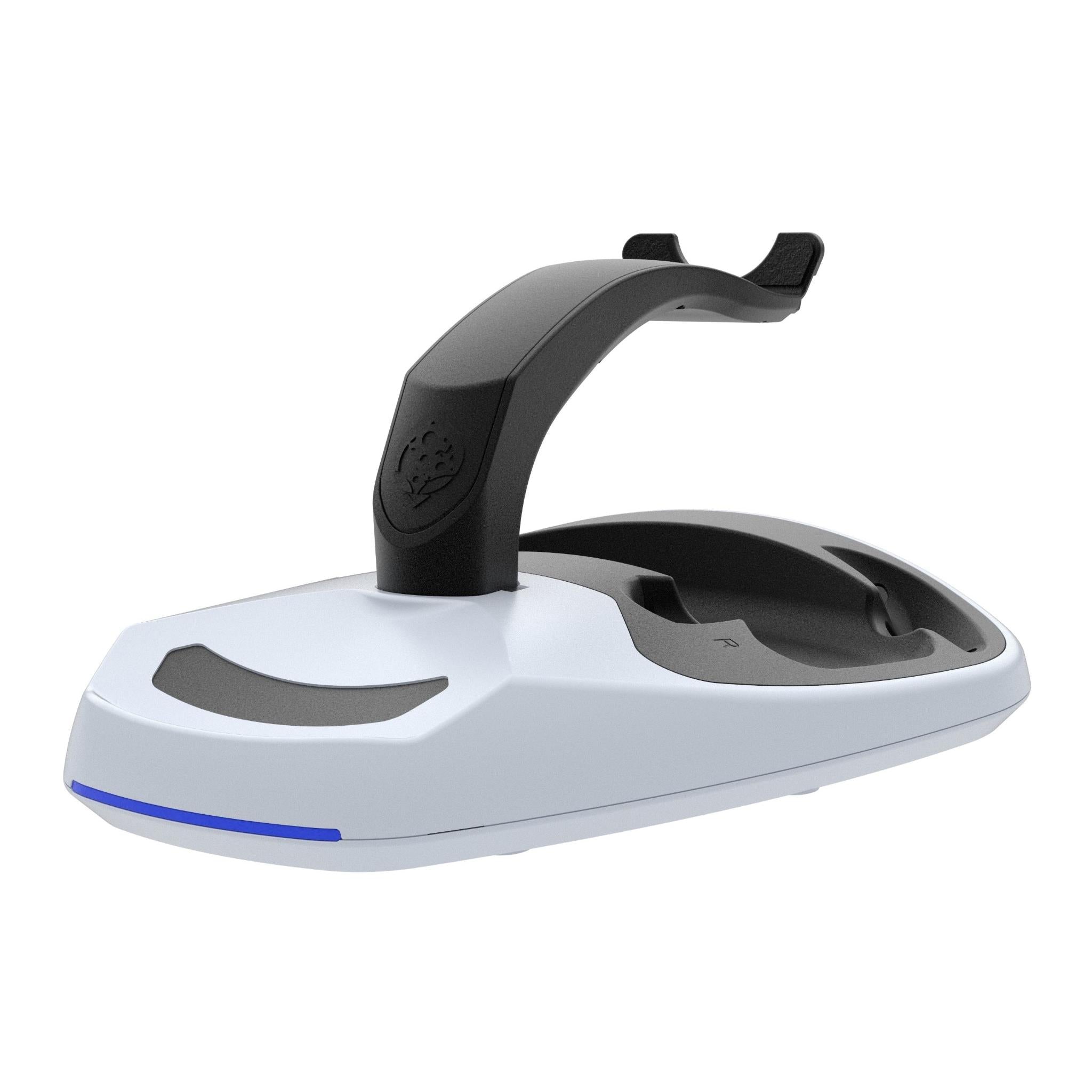 White charging stand with black VR headset on base, side angle