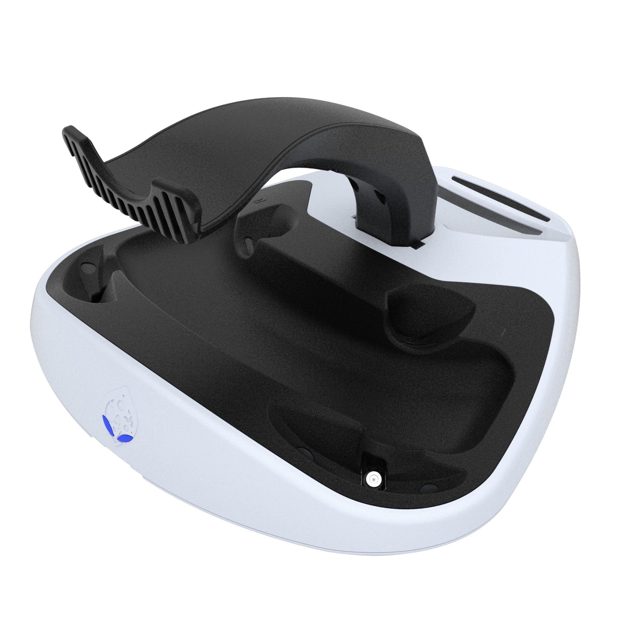 White VR headset stand with black visor frame and charging cradle detail