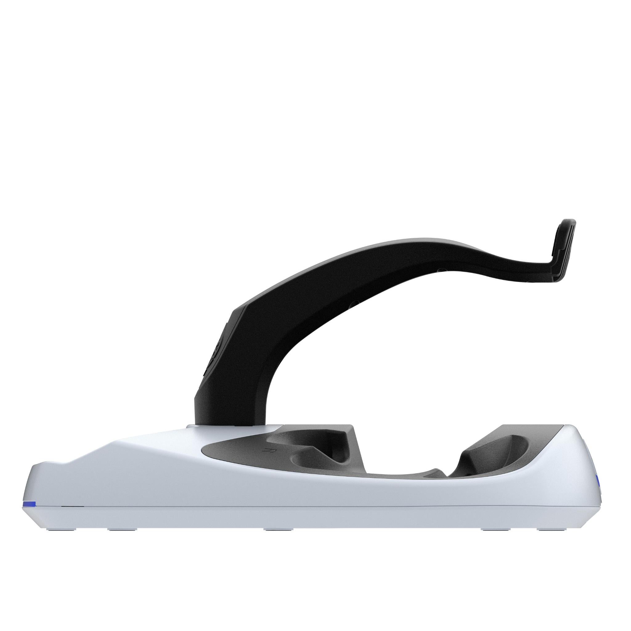 White base stand with black VR headset support arm, side profile