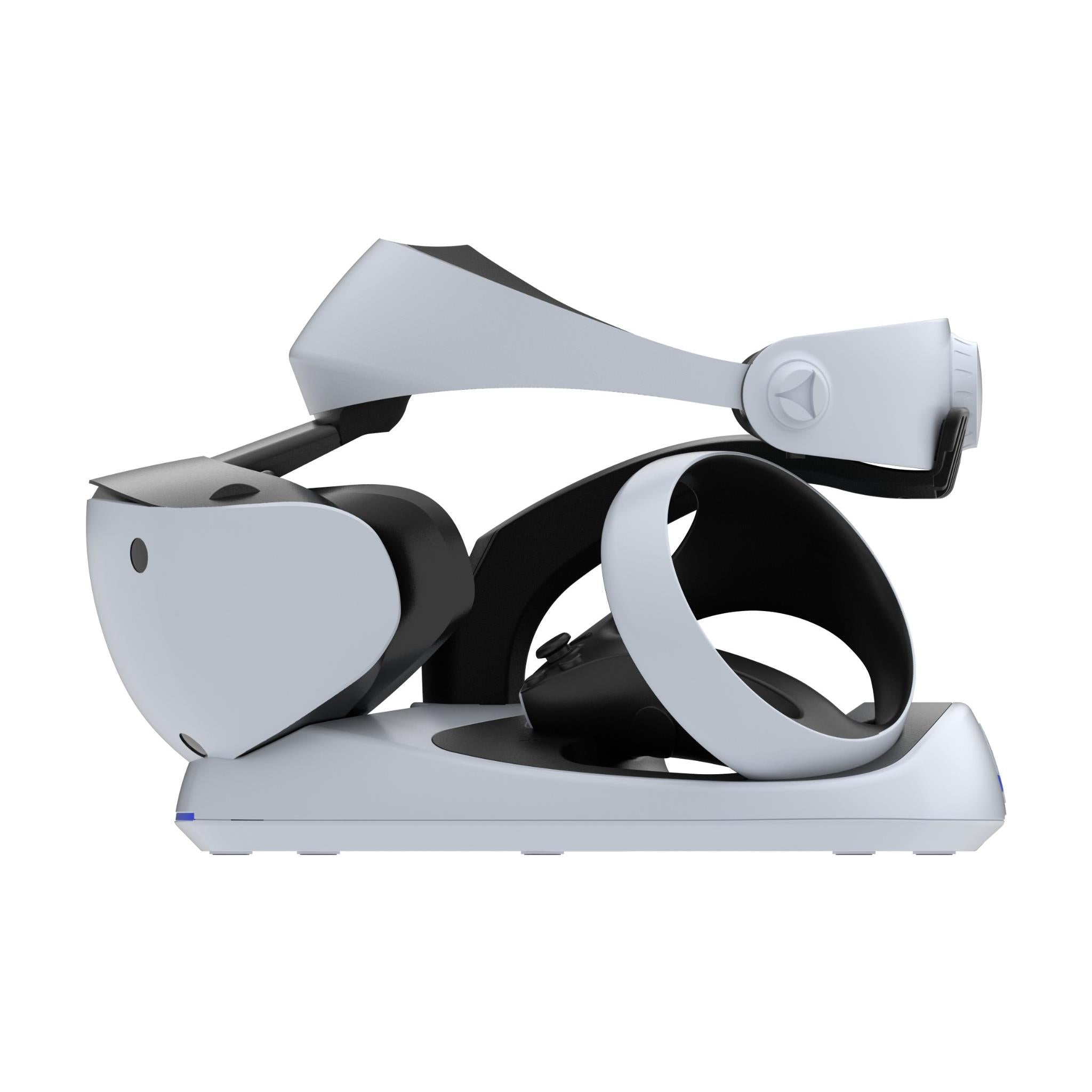 White stand with black VR headset and white ring-style controller, angled view