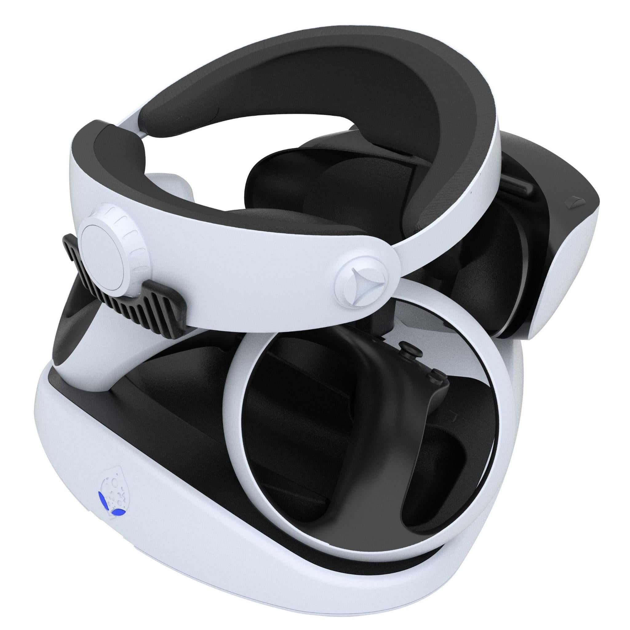 White VR headset stand with black headset arms and white control grips