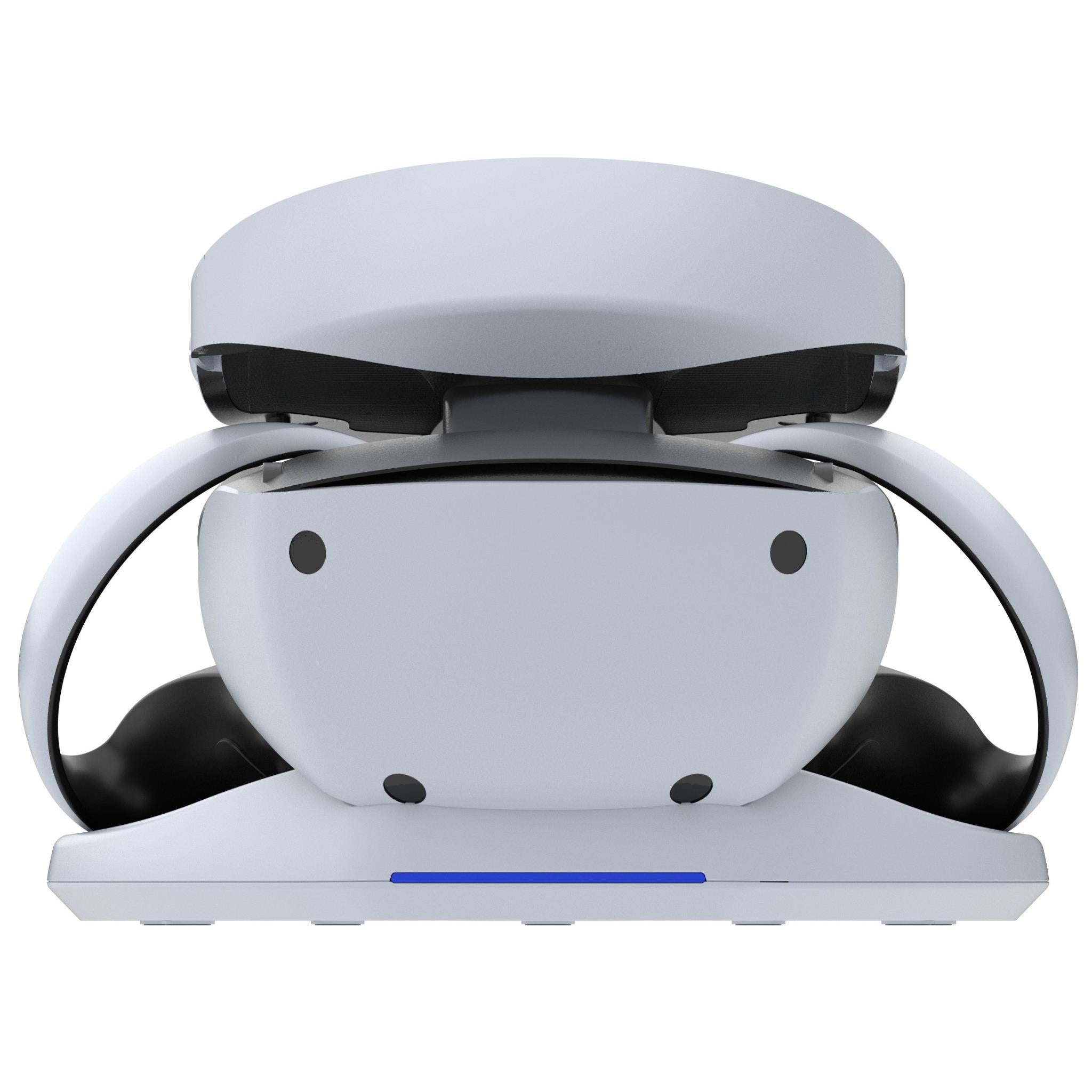 White VR headset stand with black ear-like arms, front view