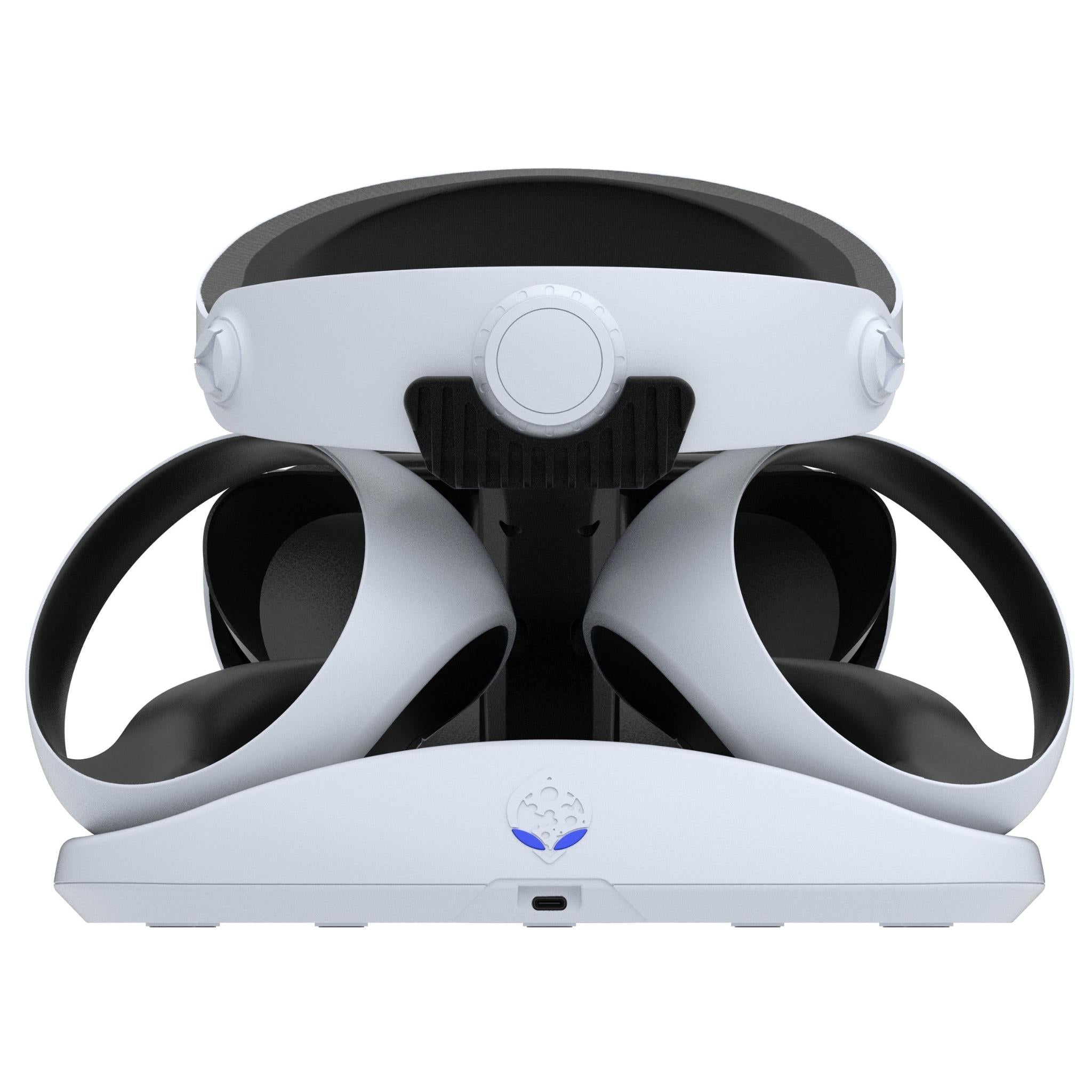 White VR headset stand with front ear pads and black center mount, top view